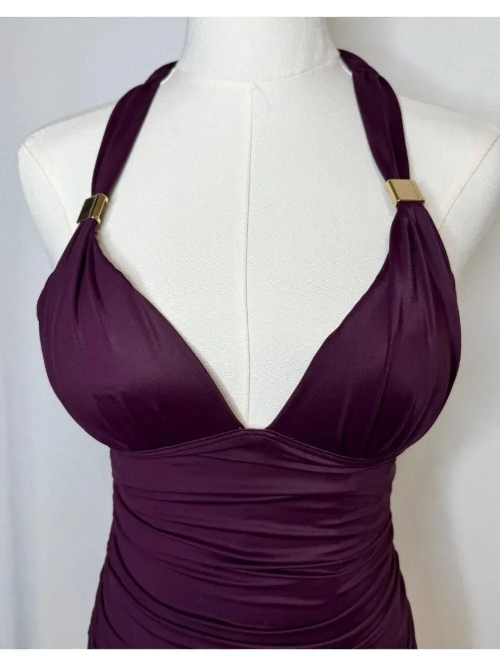 Victorias Secret Swimsuit  Size S Small Ruched Plum One Piece Halter Gold Detail